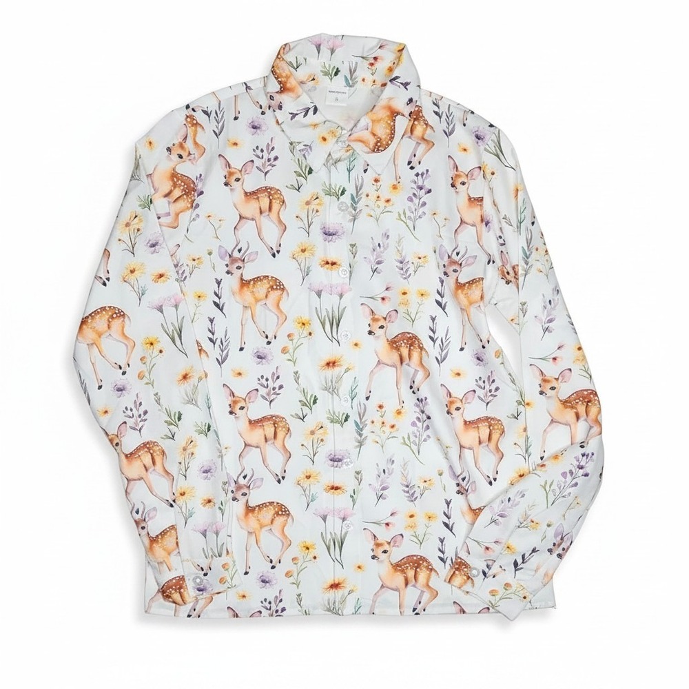 Fawn Deer Print Button Down Shirt Small White Floral Long Sleeve